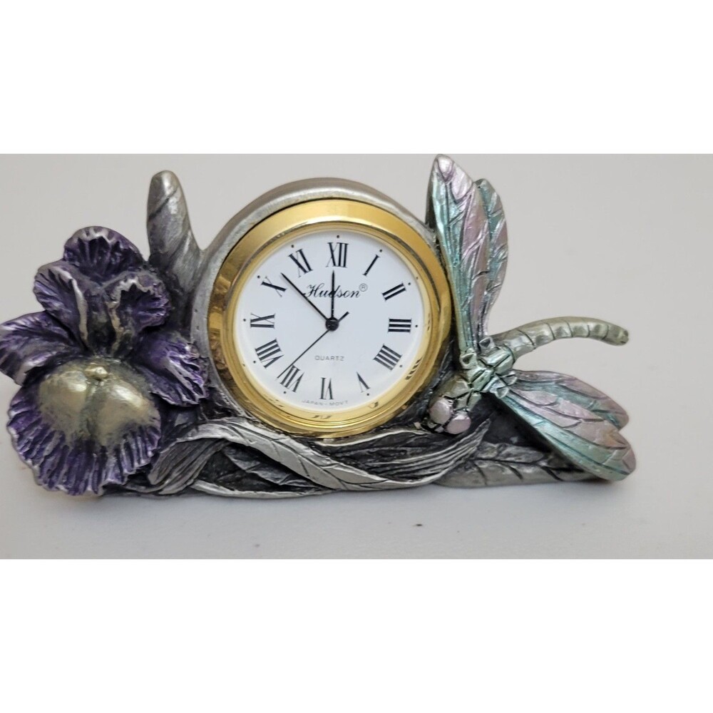 Hudson Fine Pewter IRIS w/DRAGONFLY Clock - (4” x 2”) #3612